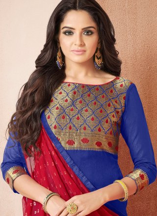 Blue Printed Work Banarasi Silk Churidar Salwar Suit