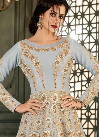 Blue Resham Malbari Silk  Floor Length Anarkali Suit