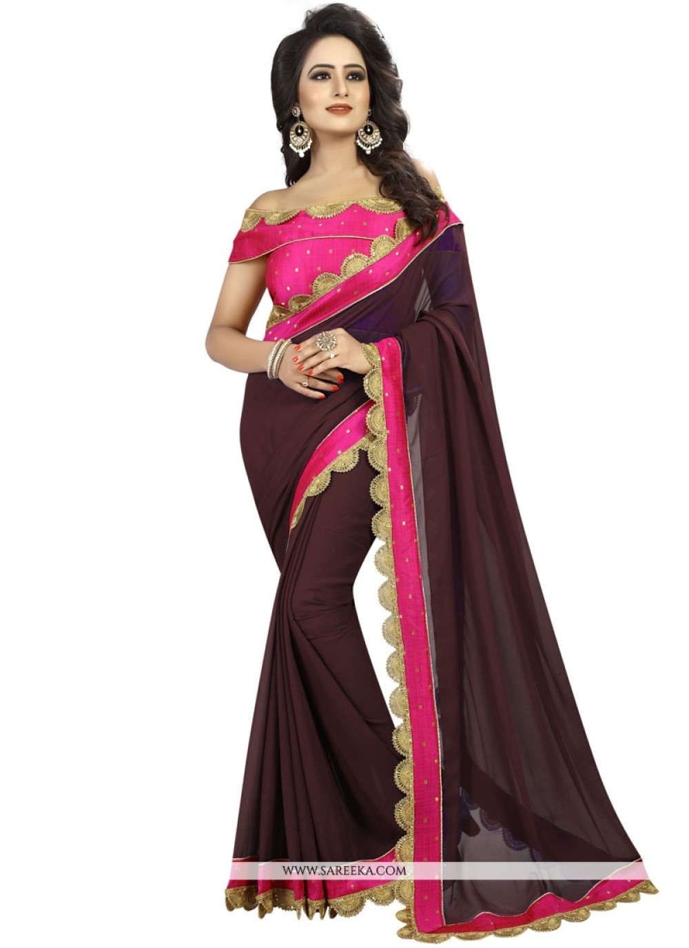 Brown Patch Border Work Faux Georgette Classic Saree