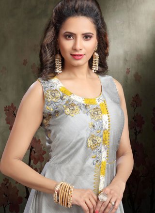 Chanderi Cotton Grey Embroidered Work Readymade Anarkali Suit