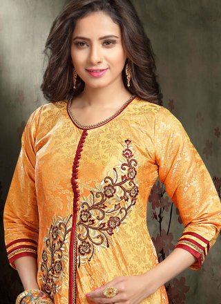 Chanderi Cotton Orange Embroidered Work Readymade Anarkali Suit