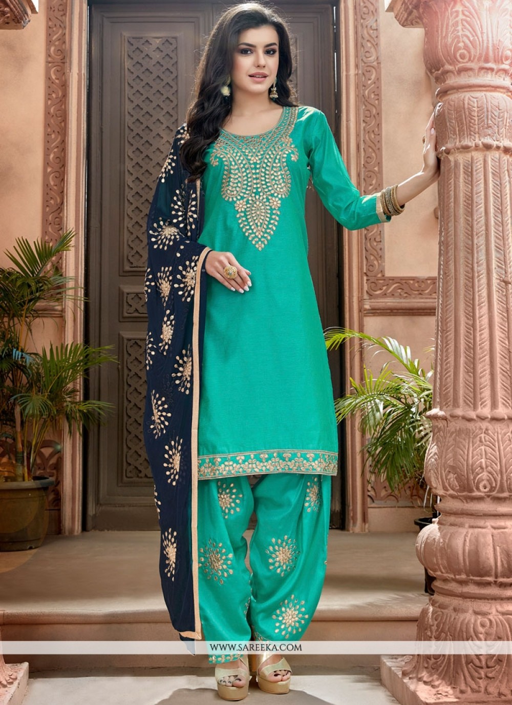 Buy Staring Print Work Cotton Sea Green Punjabi Suit | Punjabi Patiala Suits