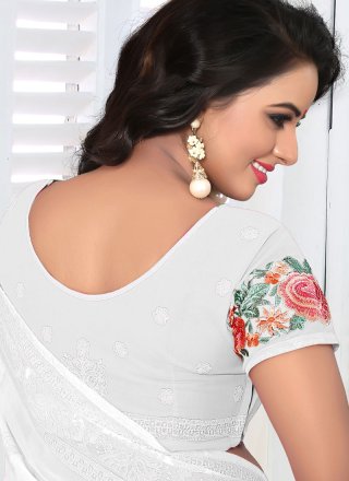 Classic Saree Embroidered Faux Georgette in White