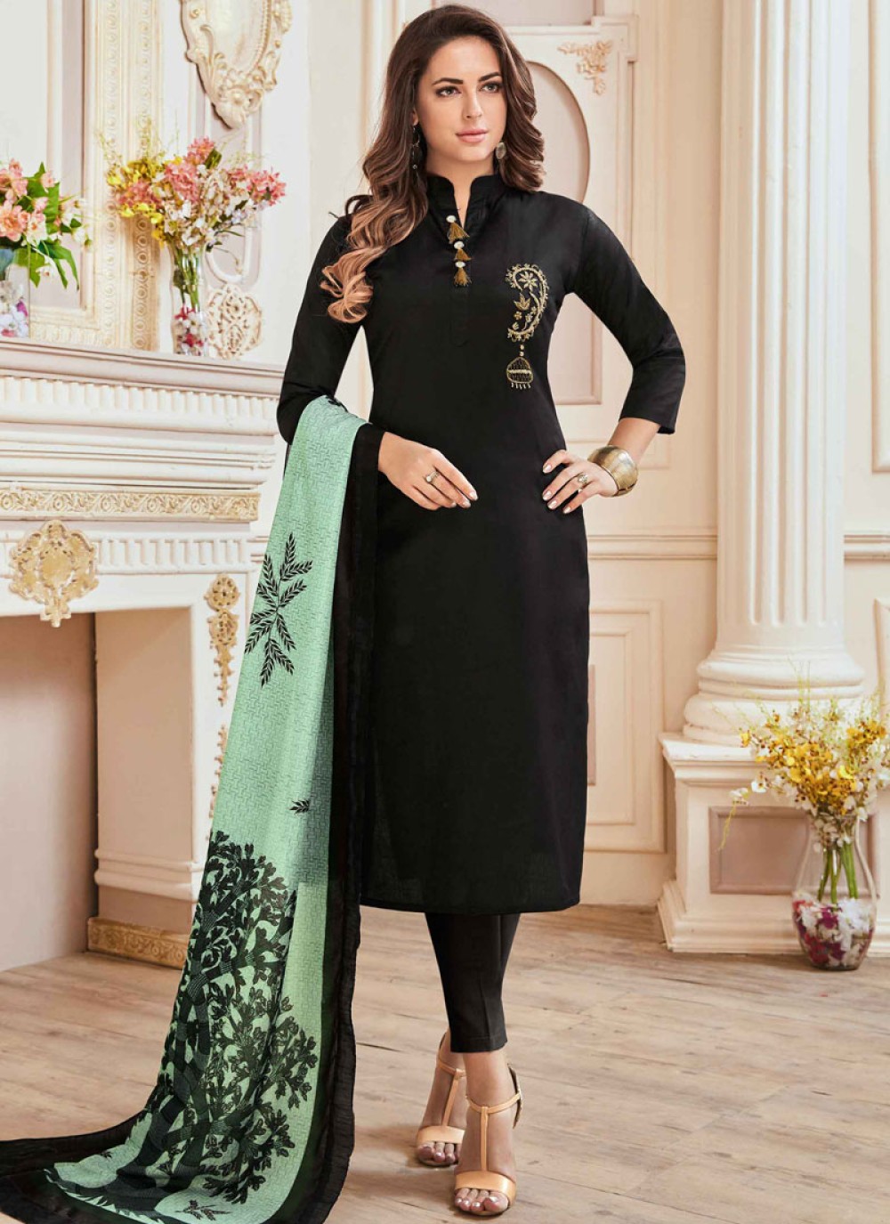 Buy Black Satin Silk Churidar Suit With Resham Work Online - LSTV03867A |  Andaaz Fashion