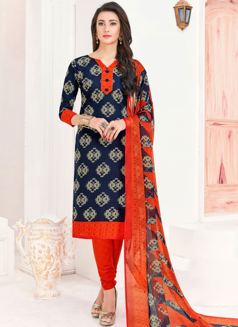 Buy Cotton Blue Printed Churidar Suit Online