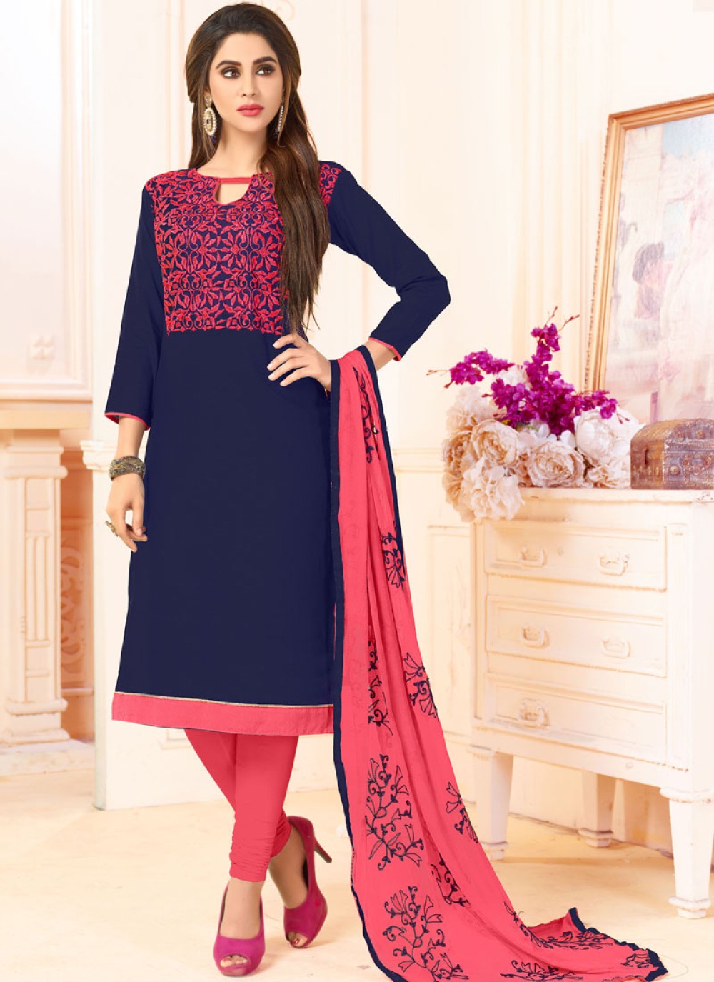 Buy Cotton Embroidered Blue Churidar Suit Online : 92003