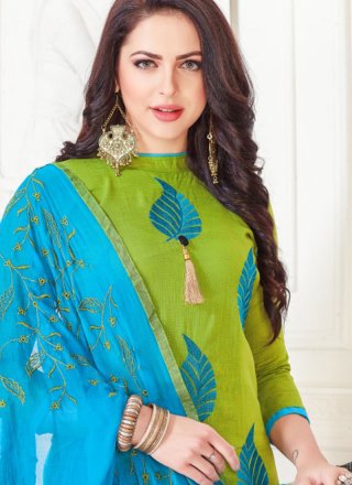 Cotton   Embroidered Green Churidar Suit