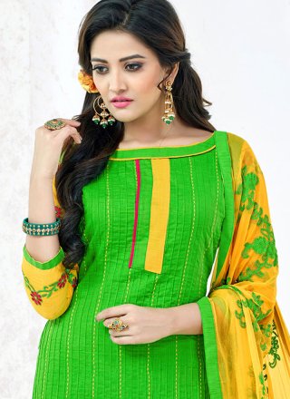 Cotton   Green Embroidered Work Churidar Suit