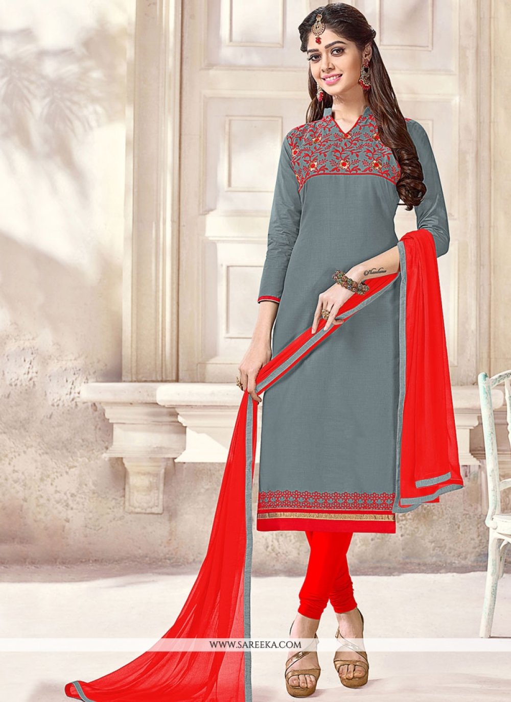 Buy Online Cotton Grey Embroidered Work Churidar Suit 74711