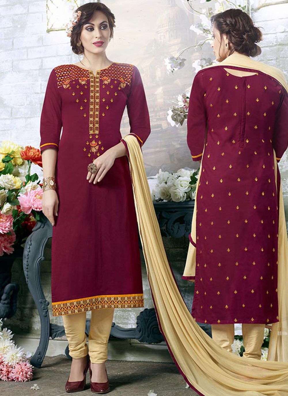 Buy Cotton Maroon Churidar Suit Online : 77746