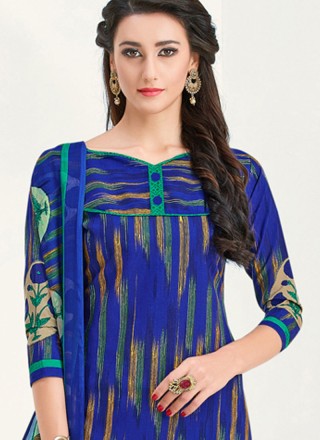 Cotton   Printed Churidar Suit in Blue
