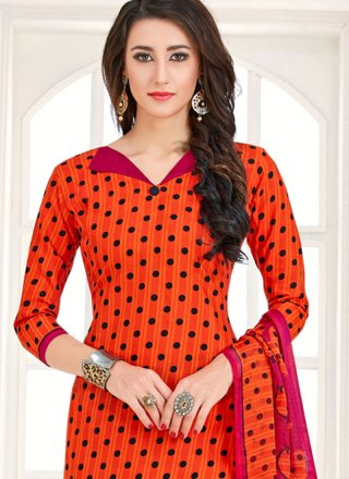 Cotton   Printed Churidar Suit in Orange