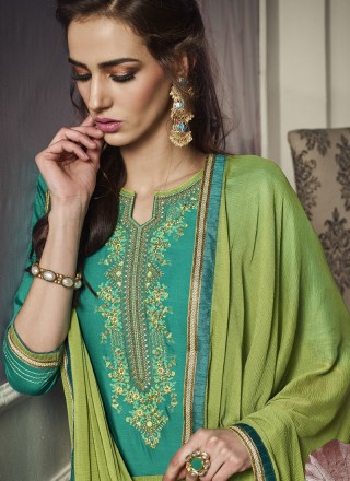 Cotton Satin Embroidered Punjabi Suit in Green