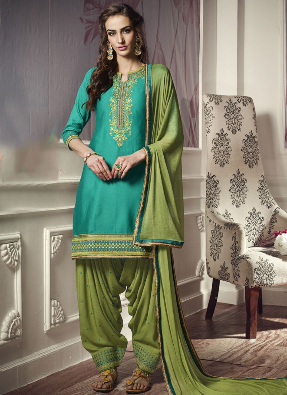 Buy Cotton Satin Embroidered Punjabi Suit in Green : 96881 -