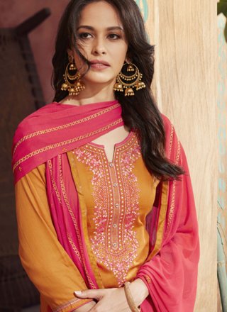 Cotton Satin Orange and Pink Resham Punjabi Suit