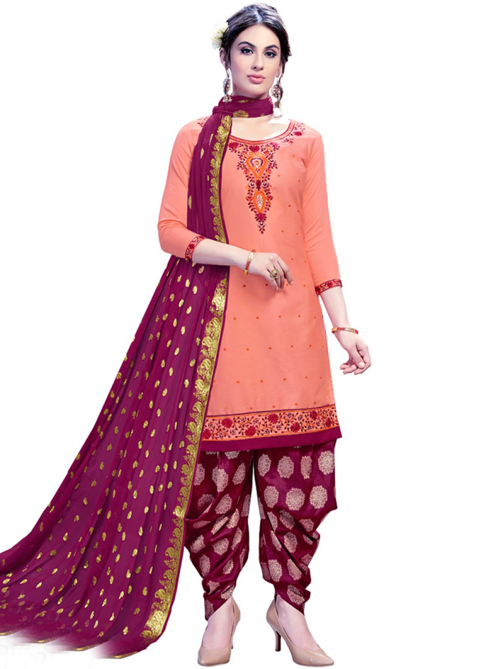 peach and maroon punjabi suit