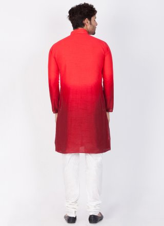 Cotton Silk Red Plain Kurta Pyjama