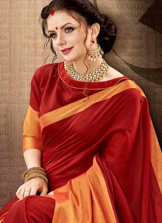 Cotton Silk Red woven Work Traditional  Saree