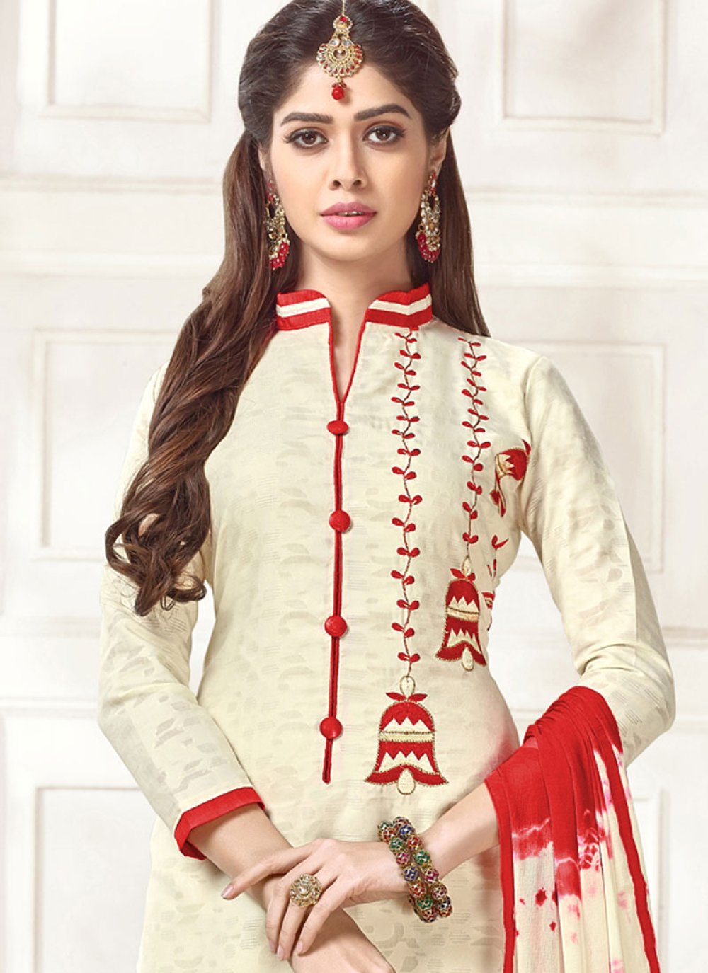 Buy Online Cotton White Embroidered Work Churidar Suit 72662