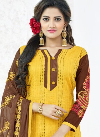 Cotton   Yellow Embroidered Work Churidar Suit