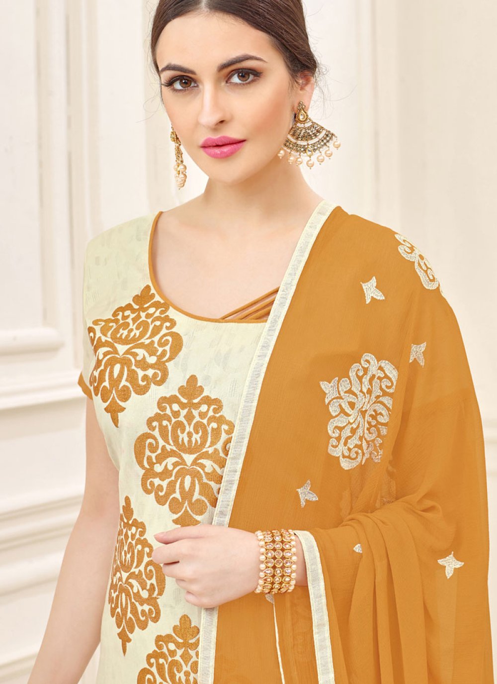 Buy Cream Jacquard Patchwork Salwar Kameez Online 90932