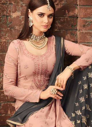Designer Palazzo Suit Resham Faux Georgette in Grey and Pink