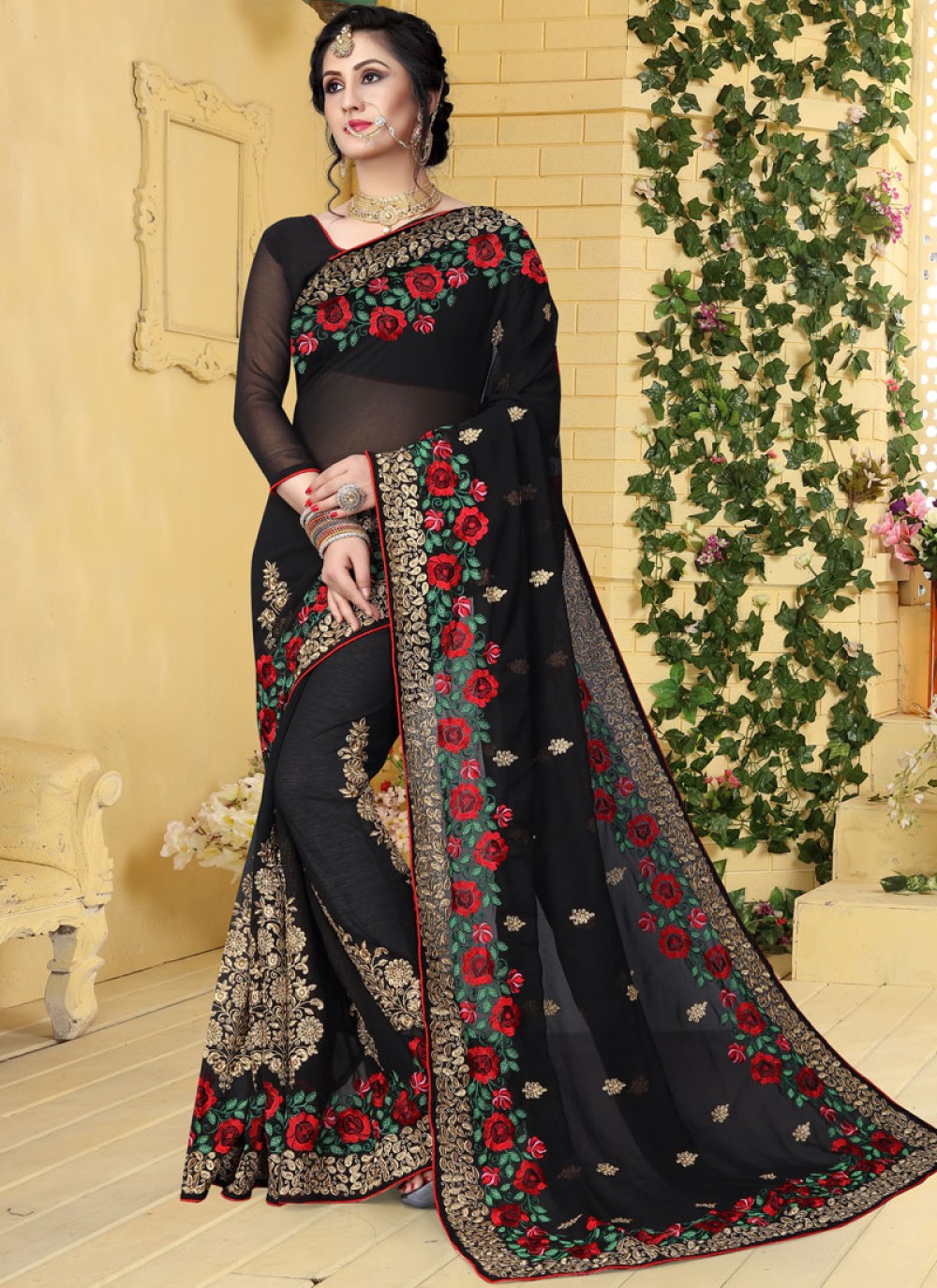 Designer Red Resham Zari Embroidery Bollywood Sari Georgette Wedding Wear Saree