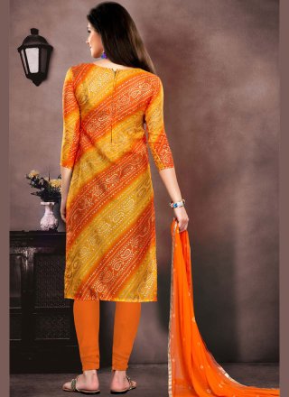 Embroidered Chanderi Cotton Churidar Suit in Orange and Yellow