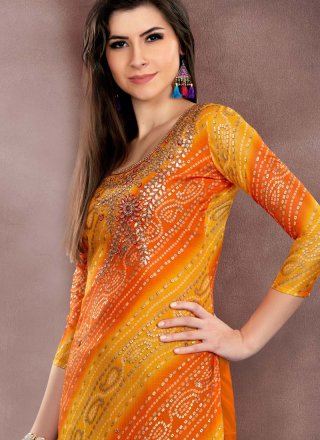 Embroidered Chanderi Cotton Churidar Suit in Orange and Yellow
