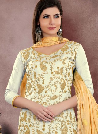 Embroidered Cotton   Churidar Salwar Kameez in Off White