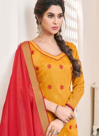 Embroidered Cotton   Churidar Suit in Mustard