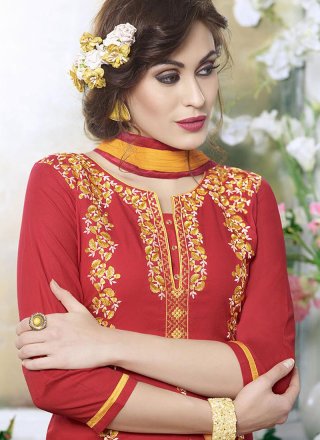 Embroidered Cotton   Churidar Suit in Red