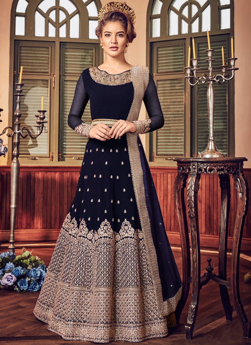 Net Fabric Fancy Embroidered Function Wear Anarkali Salwar Suit In Cyan  Color