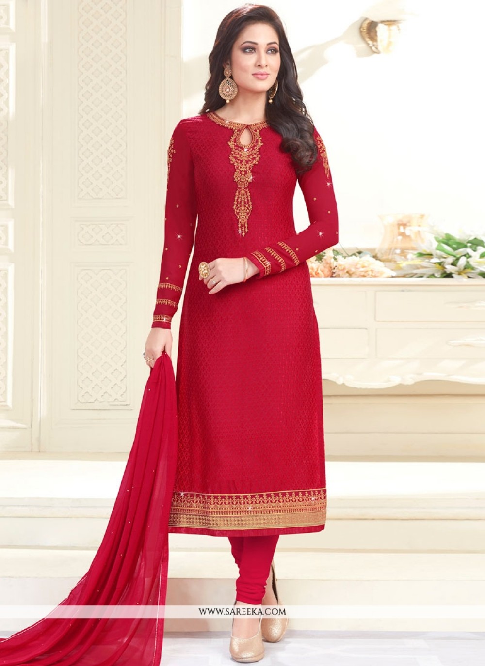 Embroidered Faux Chiffon Salwar Kameez in Red