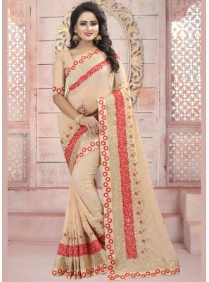 Embroidered Faux Georgette Classic Saree in Beige