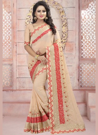 Embroidered Faux Georgette Classic Saree in Beige
