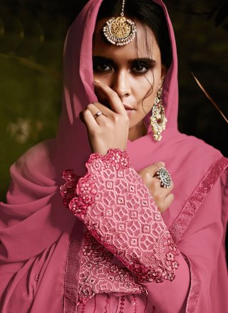 Embroidered Faux Georgette Designer Pakistani Suit in Pink