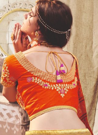 Embroidered Faux Georgette Shaded Saree in Orange and Yellow