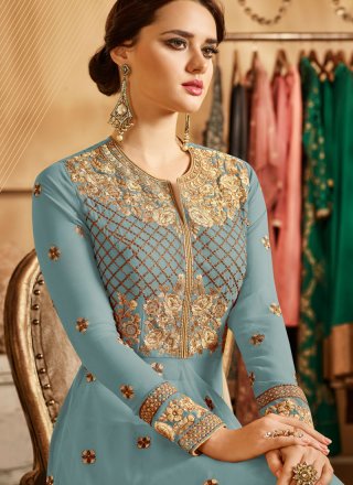 Embroidered Georgette Anarkali Salwar Kameez in Blue