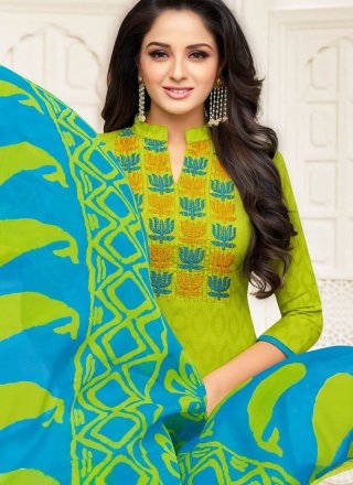 Embroidered Jacquard Churidar Salwar Suit in Green
