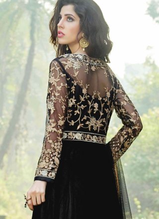 Embroidered Net Floor Length Anarkali Suit in Black