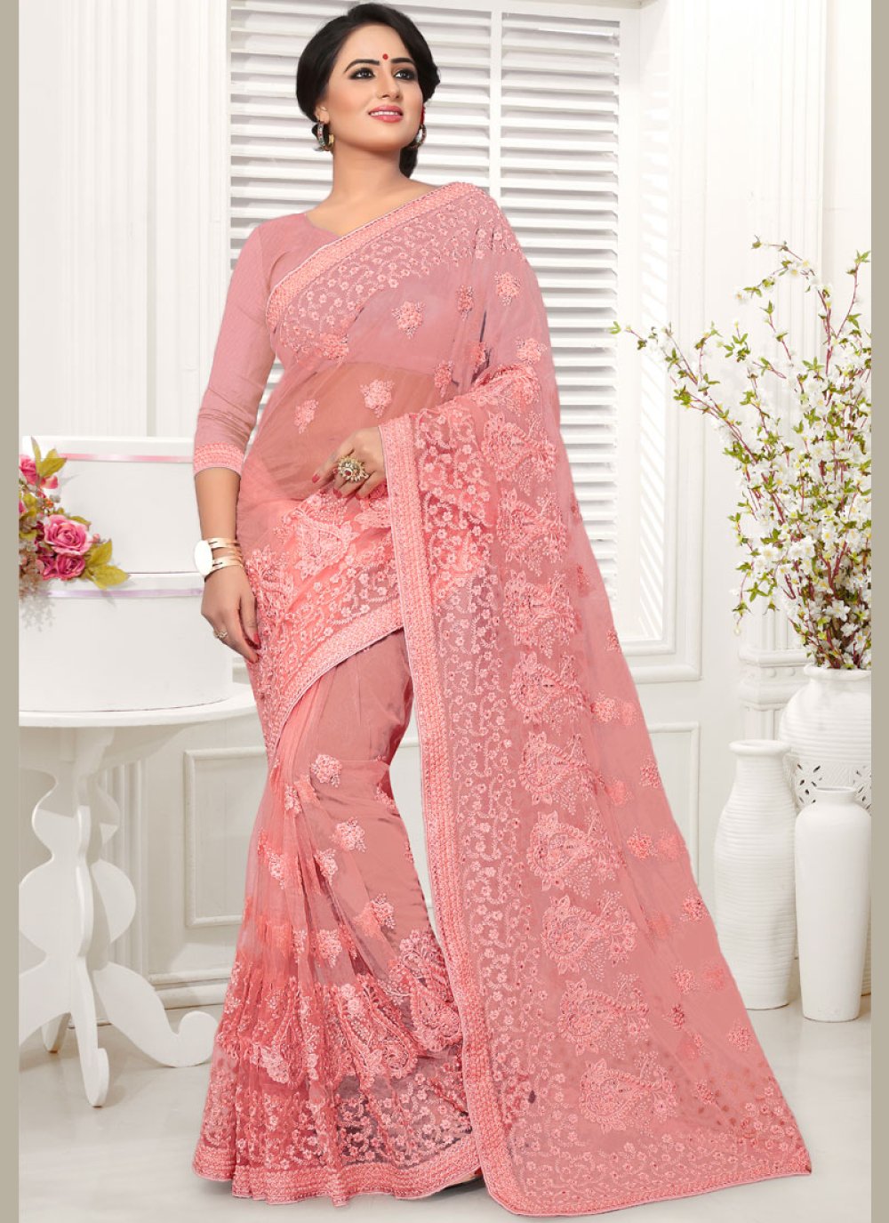 Embroidered Pink Classic Designer Saree buy online