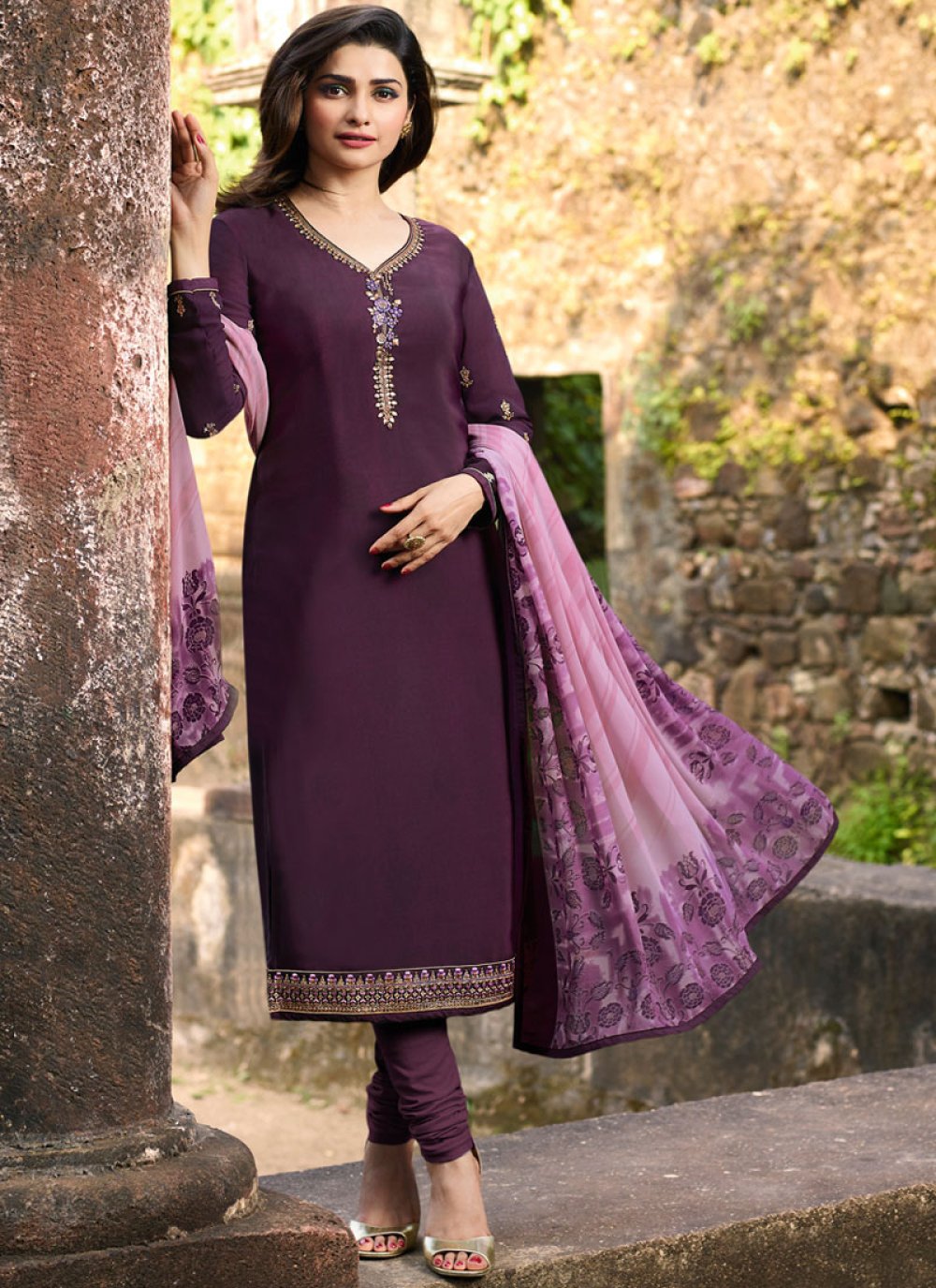 Buy Embroidered Purple Churidar Designer Suit Online : 96217