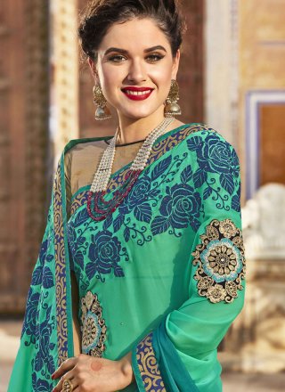 Embroidered Work Blue and Sea Green Bollywood Saree