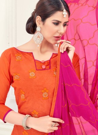 Embroidered Work Chanderi Orange Churidar Suit