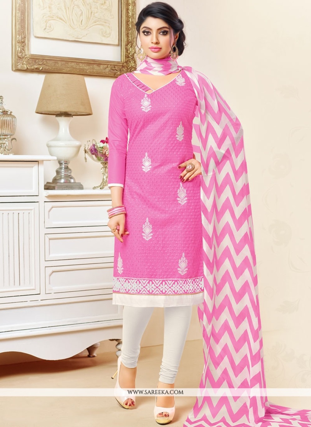 Embroidered Work Cotton   Pink Salwar Kameez