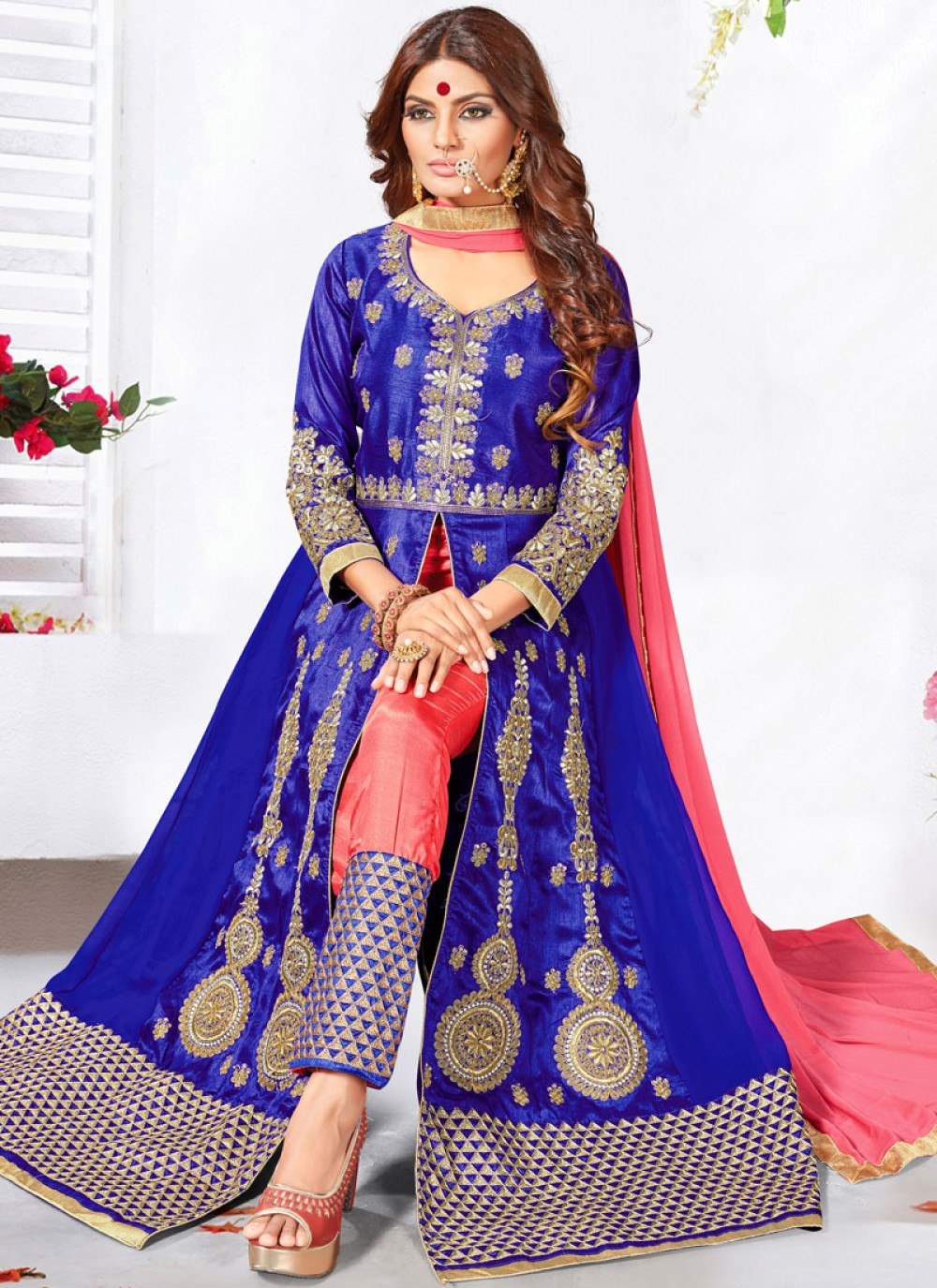 Buy Embroidered Work Faux Georgette Blue Anarkali Salwar Kameez Online ...