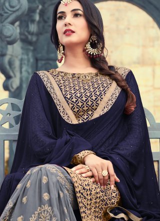 Embroidered Work Faux Georgette Grey Designer Pakistani Suit
