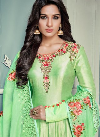 Embroidered Work Green Art Silk Floor Length Anarkali Suit