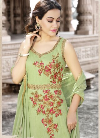 Embroidered Work Green Fancy Fabric Floor Length Anarkali Suit
